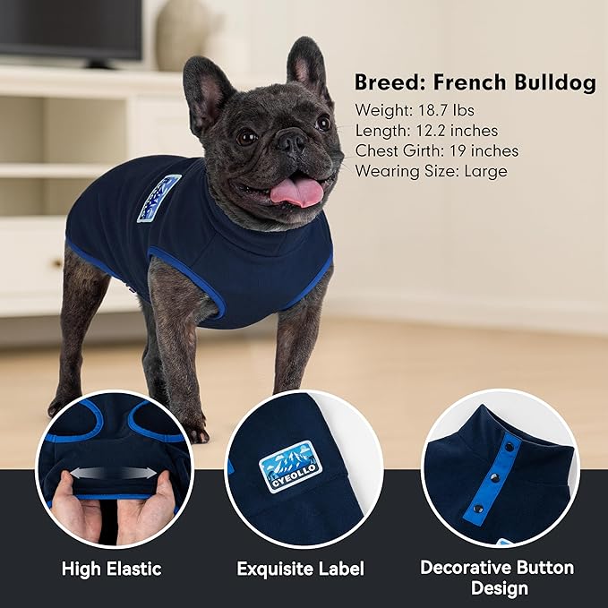 cyeollo Fleece Dog Sweater, Turtleneck Dog Sweatshirt Stretchy Pullover Fleece Vest Warm Winter Fall Clothes for Small Dogs Boy Pet Apparel, Navy Blue L