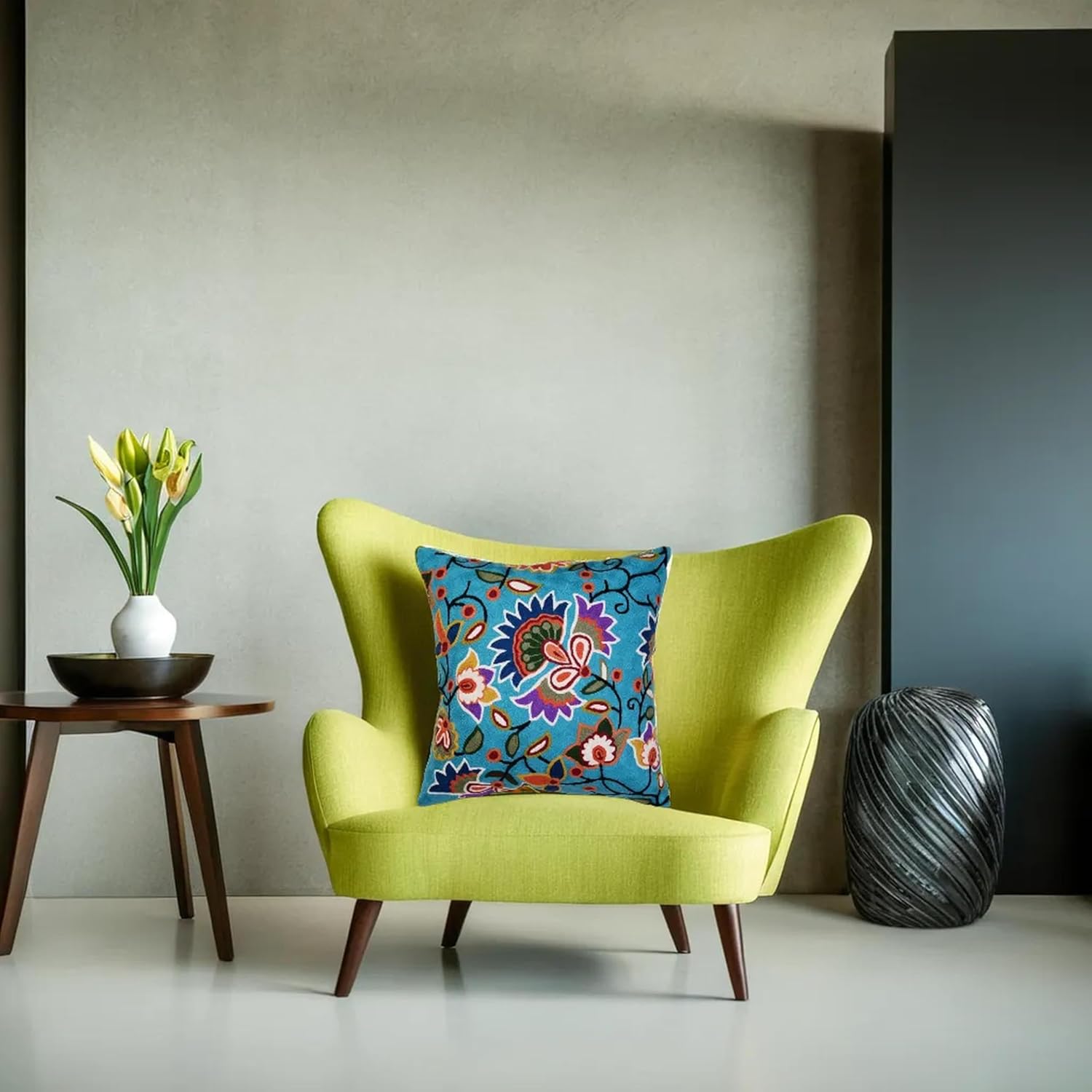 Turquoise Floral Pillow Cover Modern Flower Pillowcase Floral Hand Embroidered Outdoor Cushion Suzani Farmhouse Chair Throw Traditional Chair Cushions Wool Size 18x18