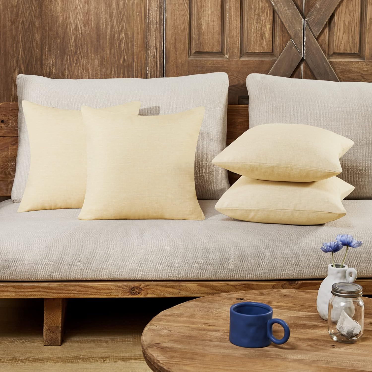 Deconovo Decorative Throw Pillow Covers - Set of 4 Soft Linen Cushion Covers, 20x20 Inch, Green & Machine Washable Pillowcases for Sofa, Bedroom, Living Room Décor, Pale Banana,COVERS ONLY, No Inserts