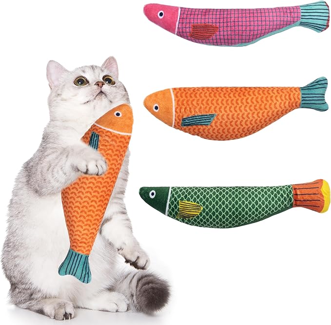 Soft Catnip Toys Fish, 3 Pack Bell Sound Cat Toys, Interesting Indoor Cat Kicker Toys, Durable and Highly Interactive Catnip Toys (Saury Fish)