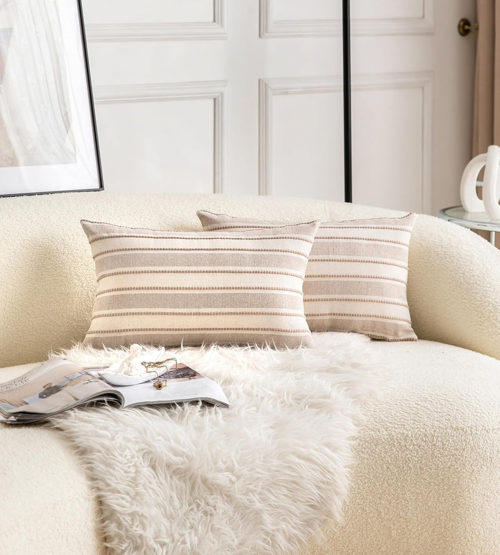 Decorative Boho Lumbar Throw Pillow Covers, Farmhouse Textured Pillow Case, 12 x 20 Inch Set of 2, Chair Sofa Bedroom Living Room Home Decor Couch Cushion Case, Tapue and Beige