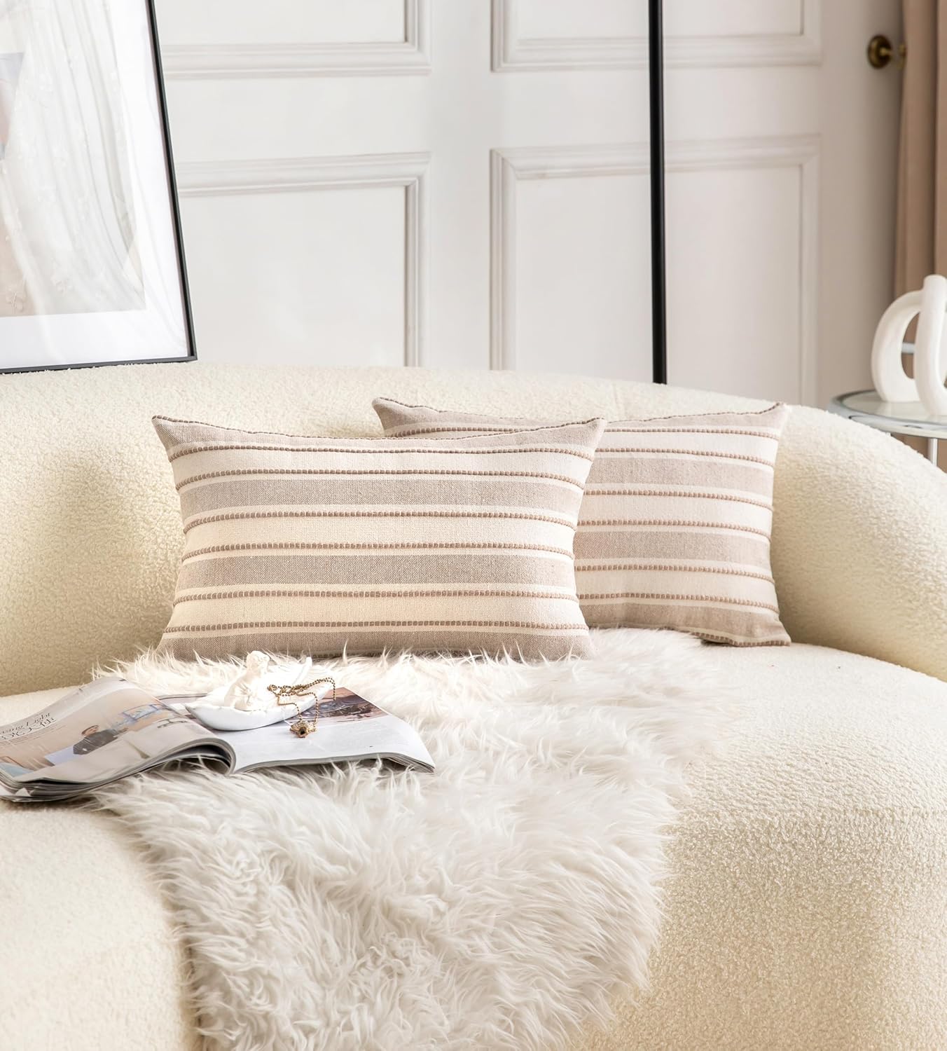 Decorative Boho Lumbar Throw Pillow Covers, Farmhouse Textured Pillow Case, 12 x 20 Inch Set of 2, Chair Sofa Bedroom Living Room Home Decor Couch Cushion Case, Tapue and Beige