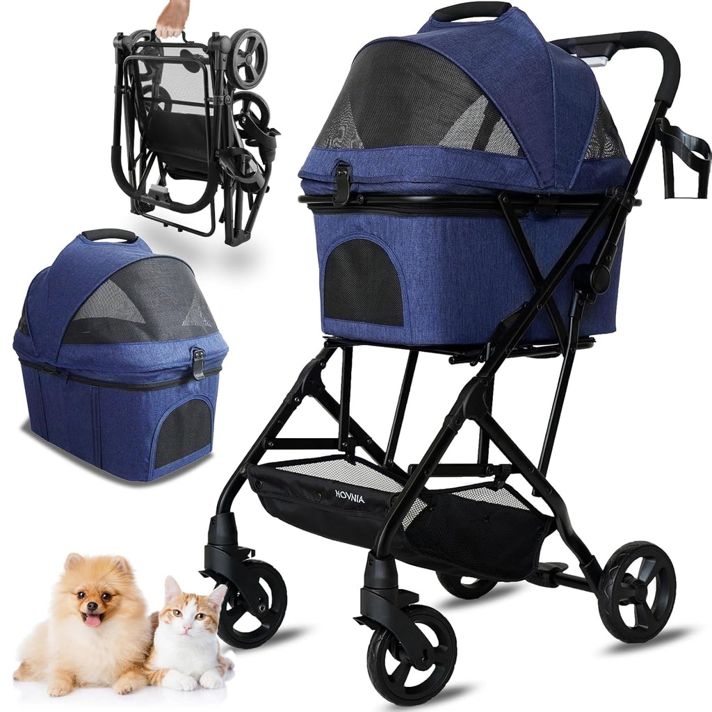 3 in 1 Dog Stroller, Lightweight Foldable Pet Strollers, 4 Wheels Dog Cat Stroller with Removable Travel Carrier, No-Zip Canopy, Cup Holder, Large Storage Basket for Small/Medium Pet - Blue