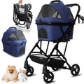 3 in 1 Dog Stroller, Lightweight Foldable Pet Strollers, 4 Wheels Dog Cat Stroller with Removable Travel Carrier, No-Zip Canopy, Cup Holder, Large Storage Basket for Small/Medium Pet - Blue