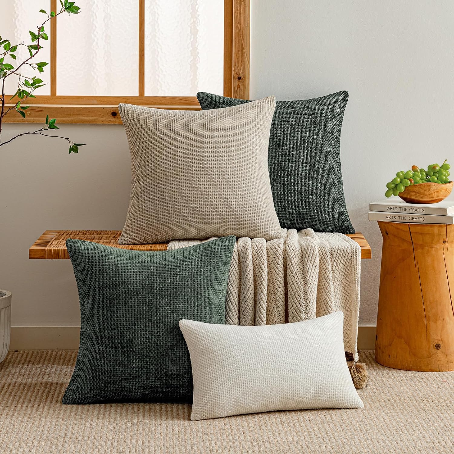 a moment Christmas Dark Green Chenille Throw Pillow Covers 18x18 Inch Pack of 2 Modern Decorative Throw Pillow Covers Farmhouse Cross Covers Home Decor for Sofa Bedroom Living Room