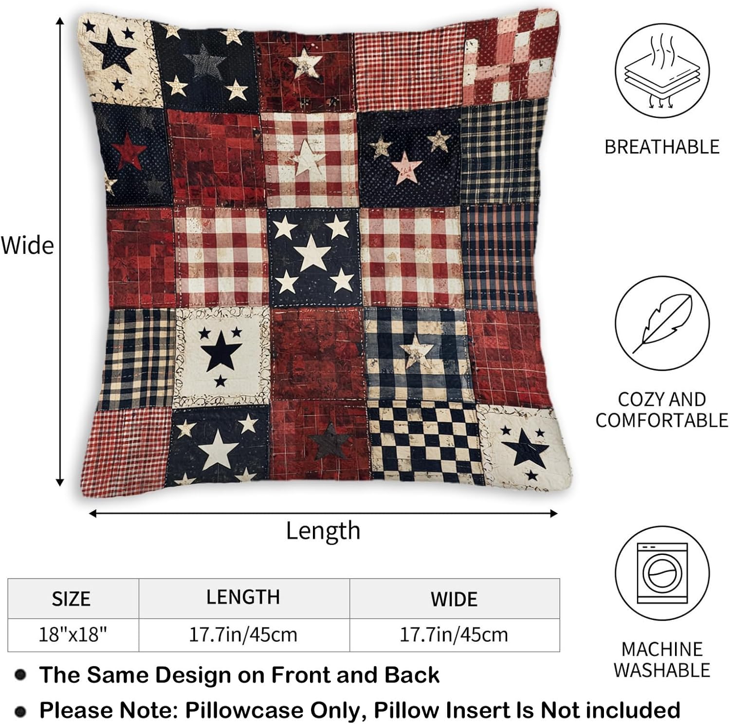 Throw Pillow Covers 20x20 Set of 2, Flag Patchwork Cushion Covers, Decorative Square Pillowcases for Couch, Bedroom, Living Room