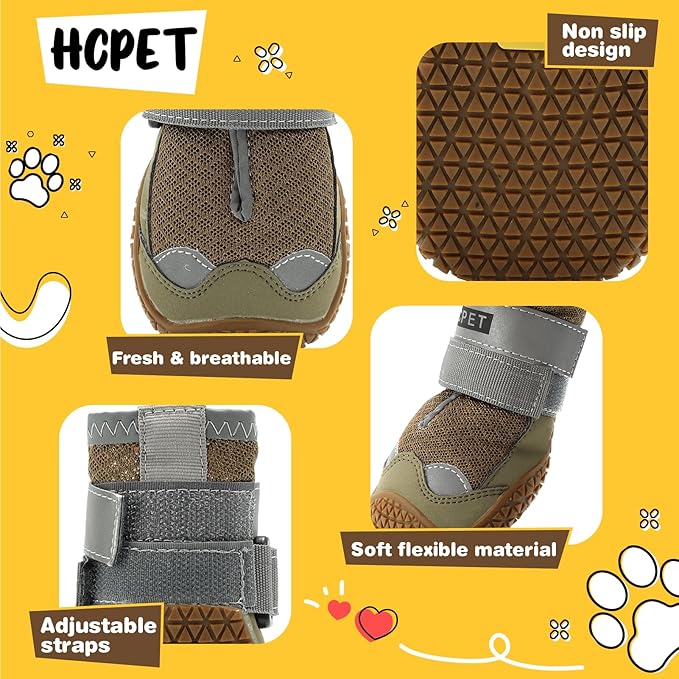 Hcpet Dog Shoes for Large Dogs, Breathable Dog Booties for Small Medium Dogs, Anti-Slip Dog Boots & Paw Protectors for Hot Pavement Winter Snow Hiking with Reflective Straps Army Green Size 3