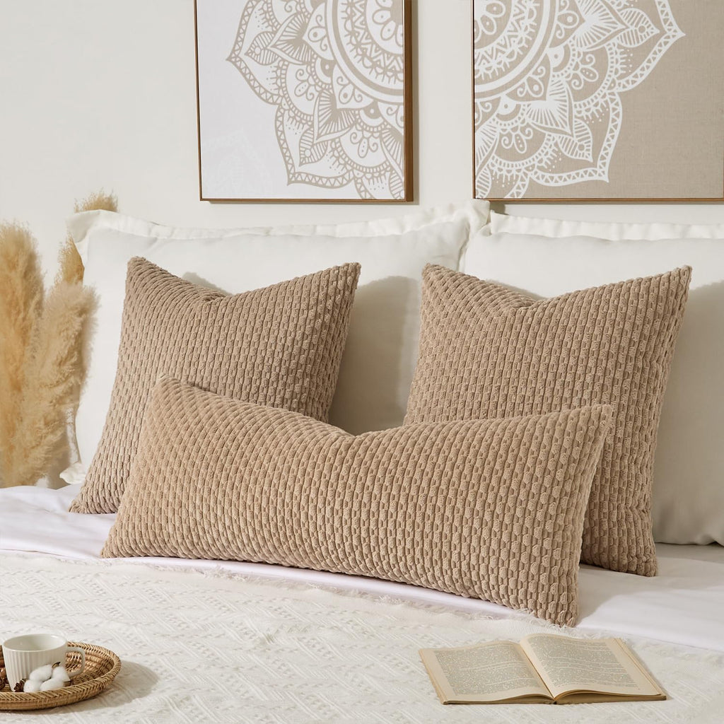Kevin Textile 20x54 Inch Long Body Lumbar 1 Pack Boho Decorative Throw Pillow Cover Soft Striped Corduroy Rectangle Cushion Case Farmhouse Accent for Living Room Couch Sofa Bed, Tan