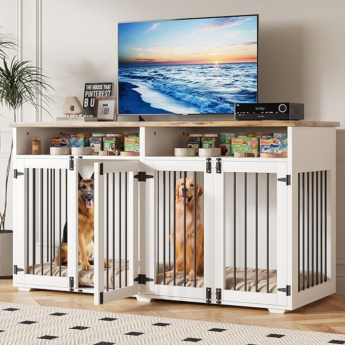 63'' Dog Crate Furniture for 2 Dogs, Wooden Dog Cage with Storage Compartment, Indoor Dog Kennel with 4 Doors for Large/Medium Dogs, White