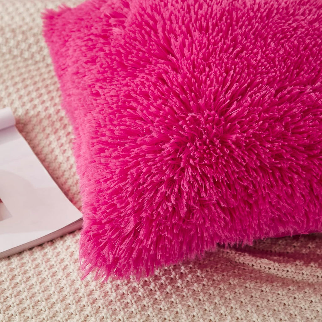 Uhamho Set of 2 Faux Fur Throw Pillow Covers Bed Pillowcases Soft Velvet Home Decorative Zipper Closure (Hot Pink, 18"x18")