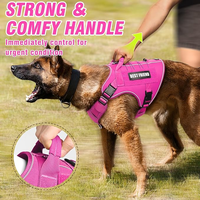 Tactical Dog Harness for Large Dogs,No Pull Military Dog Vest with Handle,Reflective Heavy Duty Pet Harness for Walking Hiking Training Pink L