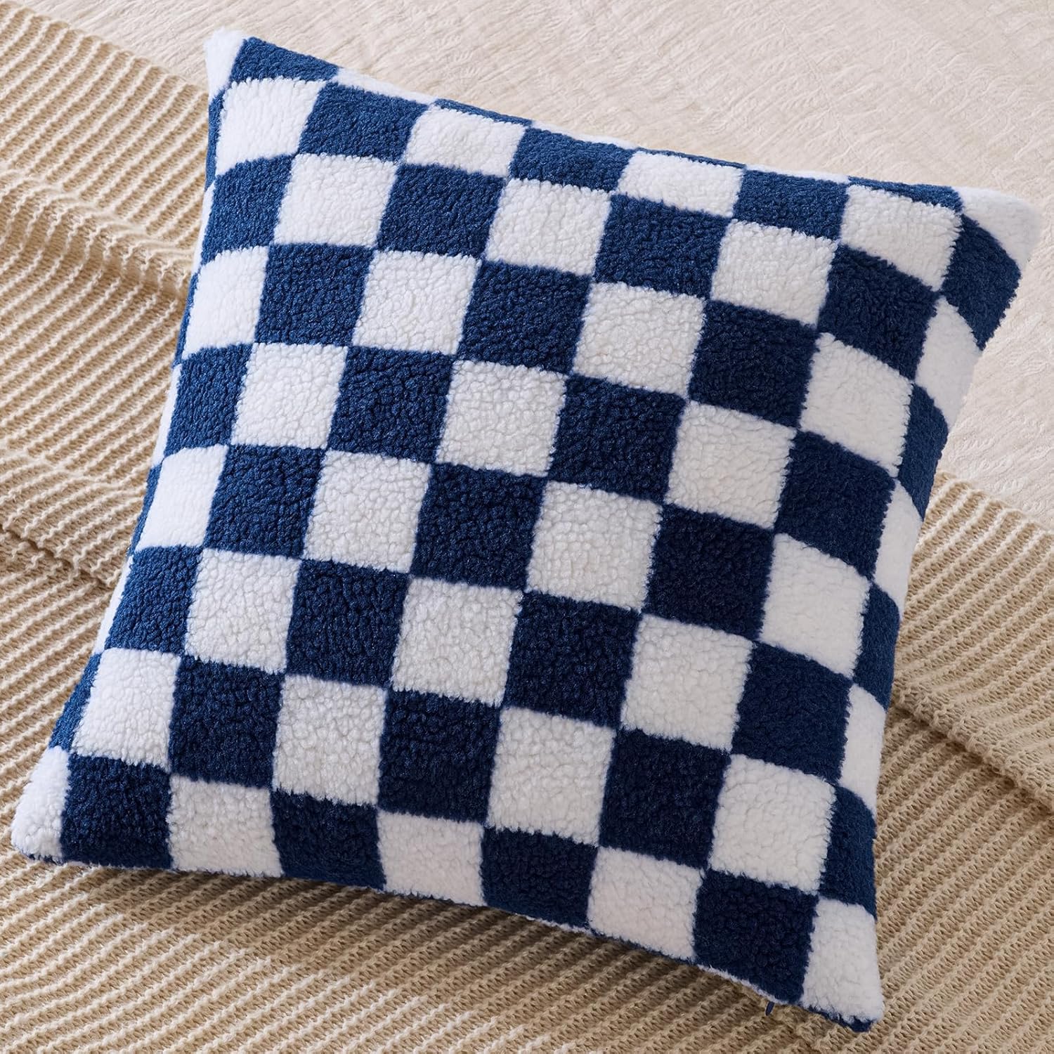 AmHoo Pack of 2 Decorative Throw Pillow Covers Checkerboard Luxury Super Soft Faux Fur Wool Set Case Cushion for Couch Sofa Bedroom 18 x 18-Inch Navy Blue