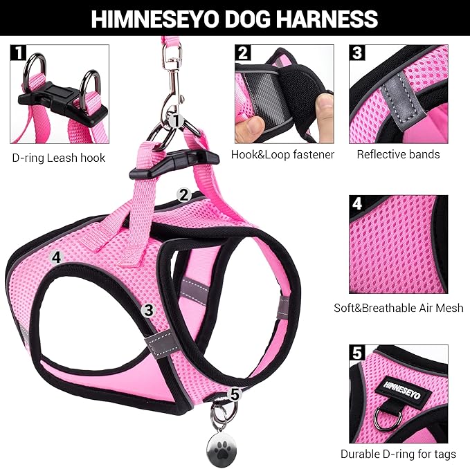 Dog Harness and Leash Set, Dog Harness for Dogs No Pull, No-Chock Step-in Reflective Breathable Lightweight Easy Walk Vest Harnesses with Safety Buckle for Small Medium Dogs, Cats (Pink, S)