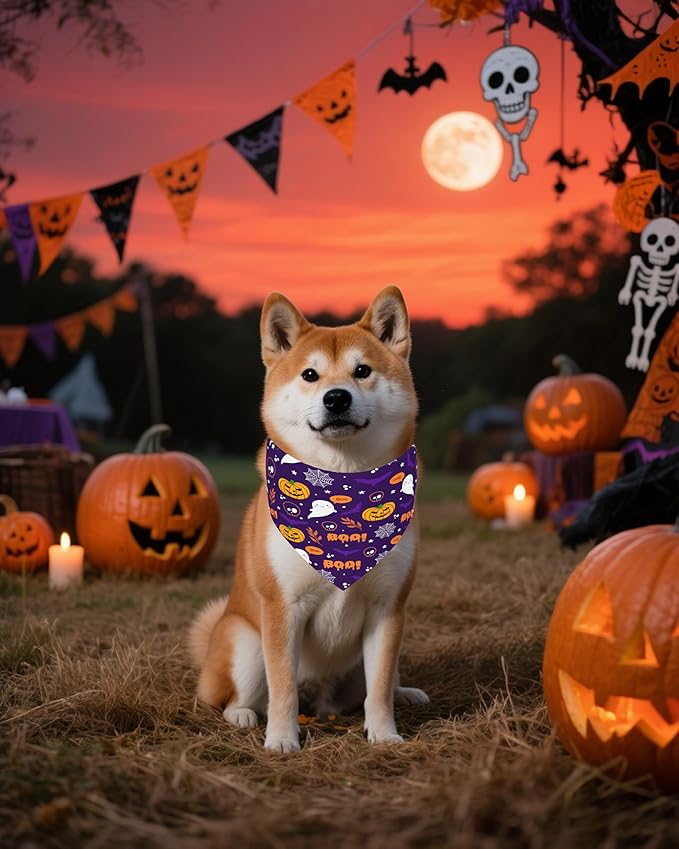 PET SHOW 100 Pack Halloween Small Dog Bandanas Bulk No Seam Pumpkin Ghost Triangle Bibs Scarves for Girl Boy Pets Adjustable Grooming Kerchiefs for Medium Dogs Costume Accessories(Medium)