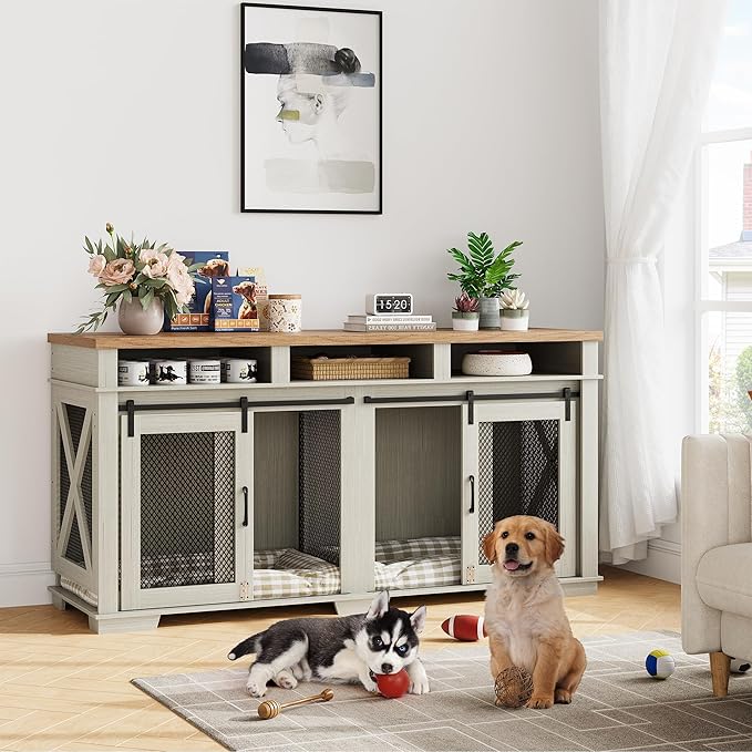 71" Dog Crate Furniture for 2 Dogs, Dog Kennel with 3 Storage Drawers & Removable Divider, Extra Large Double Dog Cage As TV Stand, Furniture Style Dog Crates with Sliding Barn Door, Light Oak/White