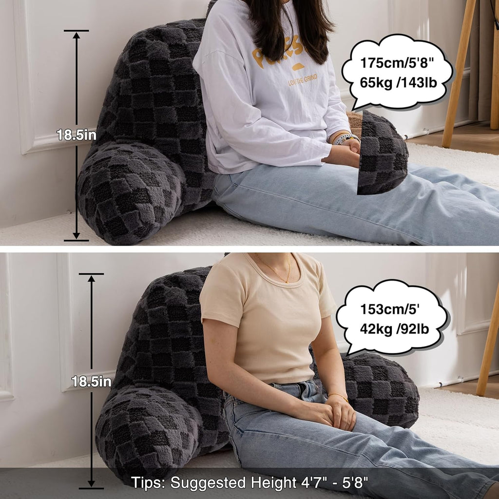 A Nice Night Faux Fur Reading Pillow,Checkered Fluffy Grid Plaid,Bed Wedge Pillow Large Adult Children Backrest with Arms for Bedrest,Darkgrey
