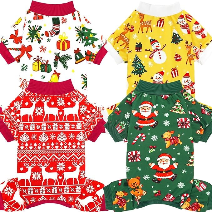 Xpudac 4 Pack Christmas Dog Pajamas Santa Pet Clothes Cute Reindeer Snowman Dog Pajamas for Small Medium Dogs(Medium) 81-hongbai-M