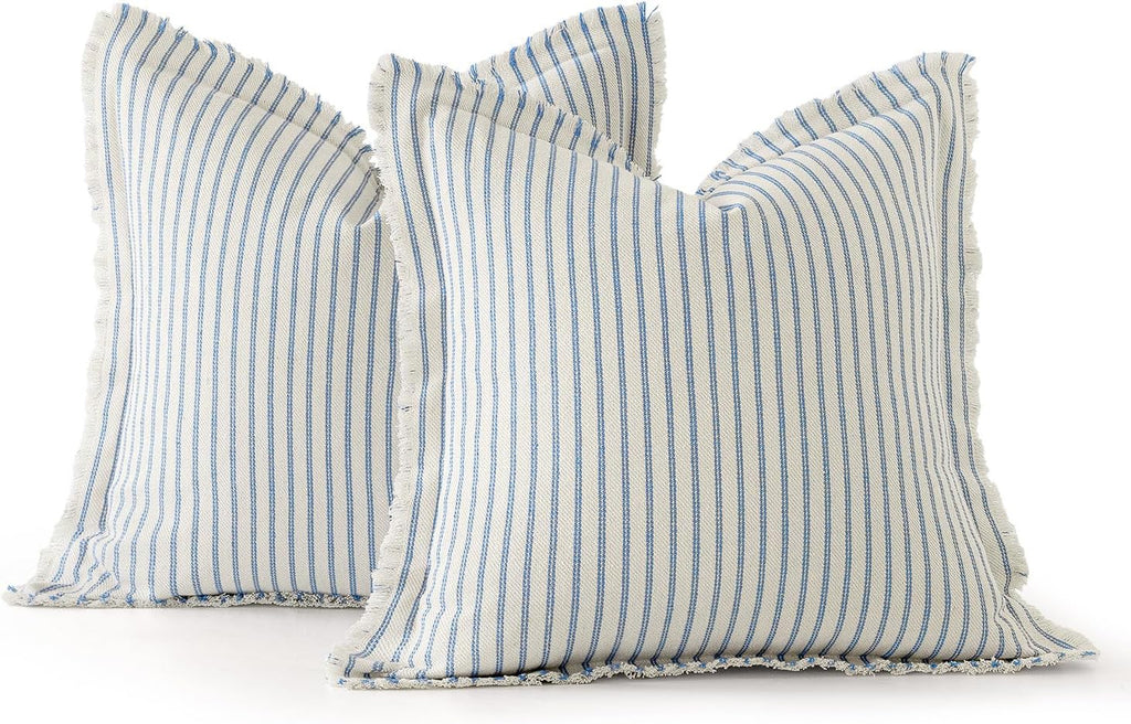 MIULEE Pack of 2 Light Blue Pillow Covers 24x24 Inch Striped Farmhouse Couch Throw Pillow Covers with Fringe Chic Cotton Decorative Cushion Eruo Sham for Sofa Living Room Bed Outdoor Home Decor