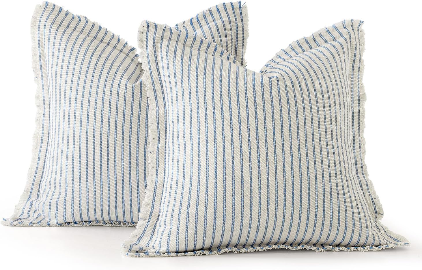 MIULEE Pack of 2 Light Blue Pillow Covers 20x20 Inch Striped Farmhouse Couch Spring Throw Pillow Covers with Fringe Chic Cotton Decorative Cushion Covers for Sofa Living Room Bed Outdoor Home Decor