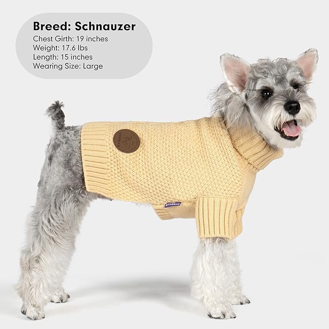 cyeollo Dog Sweater Turtleneck Knitted Sweaters with Leash Hole Winter Dog Clothes Sweaters for Small Dogs Beige