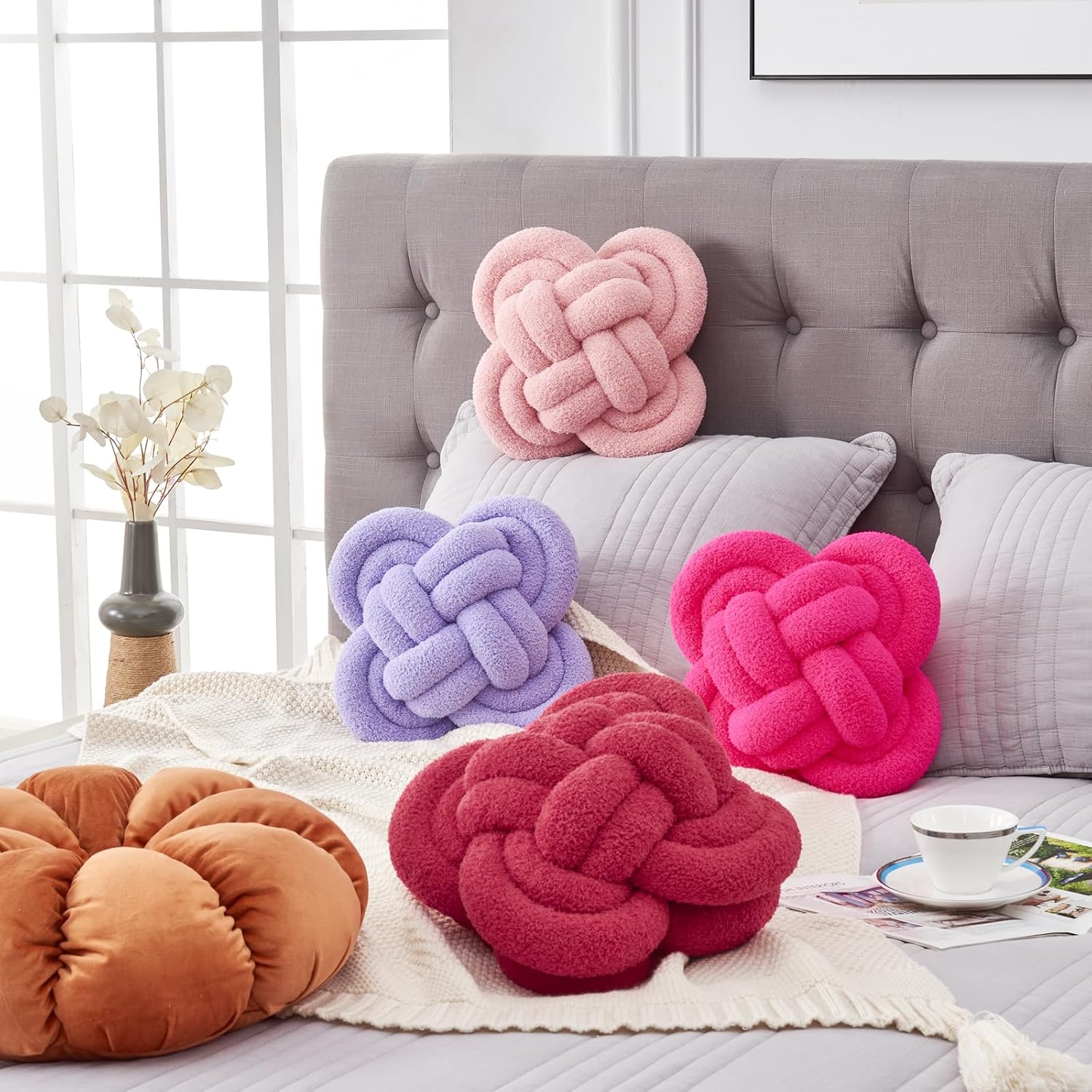 Xiashrk Knot Pillow Ball, 12" Soft Decorative Throw Pillows for Couch Bed, Wine Red Knotted Plush Throw Pillow Handmade Square Cushion Home Couch Decor Pillows for Living Room