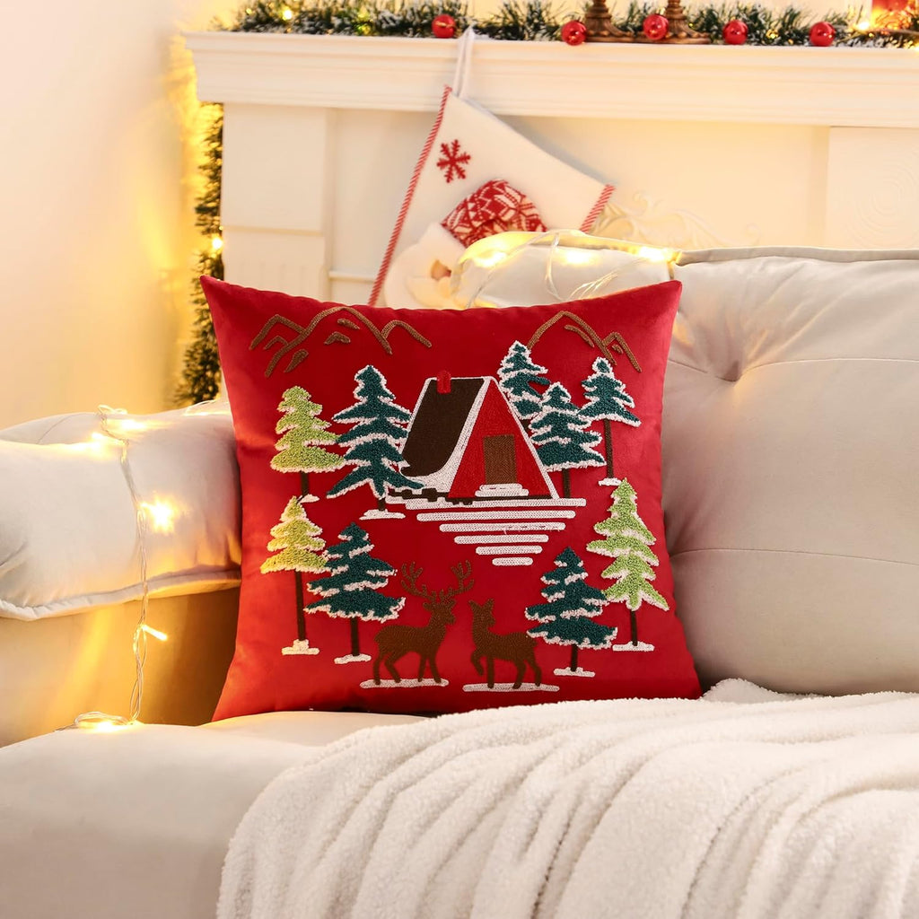 LUOYEHK Red Christmas Pillow Covers 18x18 Set of 2 House and Deer Decorative Pillow Cases Winter Holiday Velvet Embroidered Cushion Covers for Couch Sofa Bed