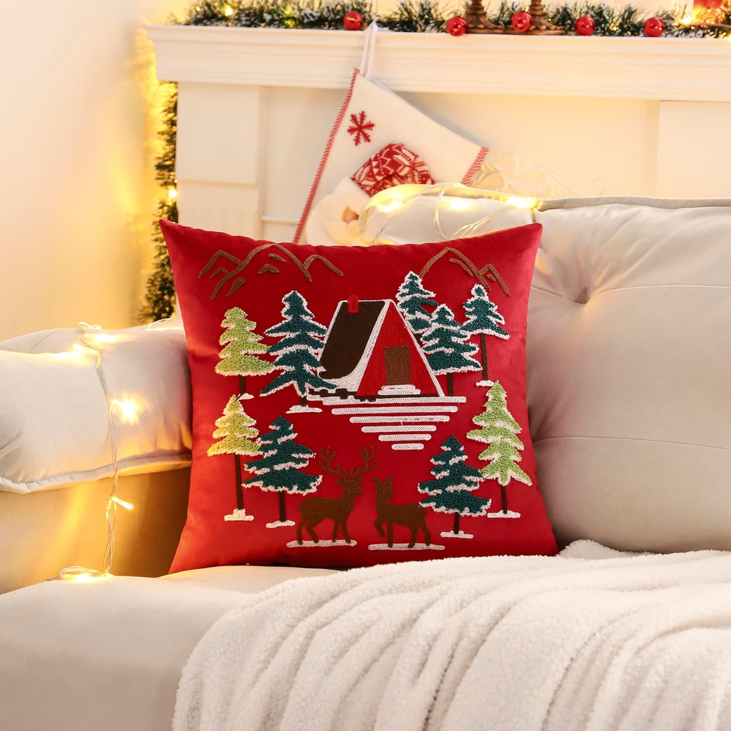 LUOYEHK Red Christmas Pillow Covers 18x18 Set of 2 House and Deer Decorative Pillow Cases Winter Holiday Velvet Embroidered Cushion Covers for Couch Sofa Bed