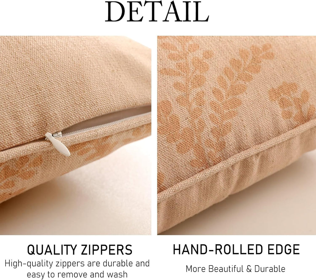 ISAENNE Design Linen Classic Throw Pillow Covers 18"x18", French Farmhouse Square Cushion Covers with Beige Branch Floral Pattern Decoration Pillowcases for Bed,Living Room,Outdoor,Car