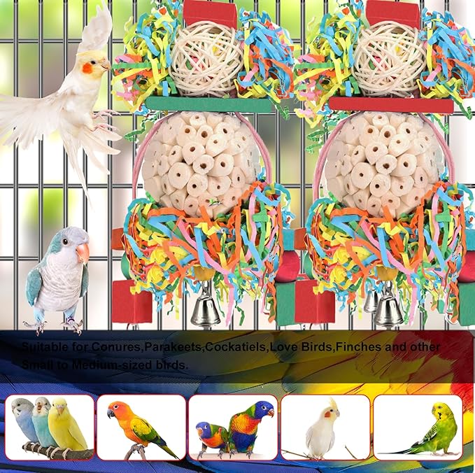 BBjinronjy Bird Toys,2PCS Hanging Natural Soft Sola Ball Beak Chew Shred Forage Toys for Parrots,Cockatiel,Conure,Love Birds,Parakeets,Budgie and Other Small Birds