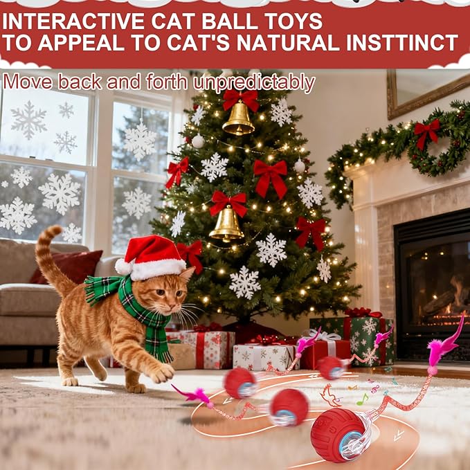 BABORUI Interactive Cat Toy Ball - Automatic Christmas Cat Toys for Indoor Cats with 5 Tails, 2 Speeds Rechargeable Cat Enrichment Toys for Small/Medium/Large Cats to Keep Them Busy