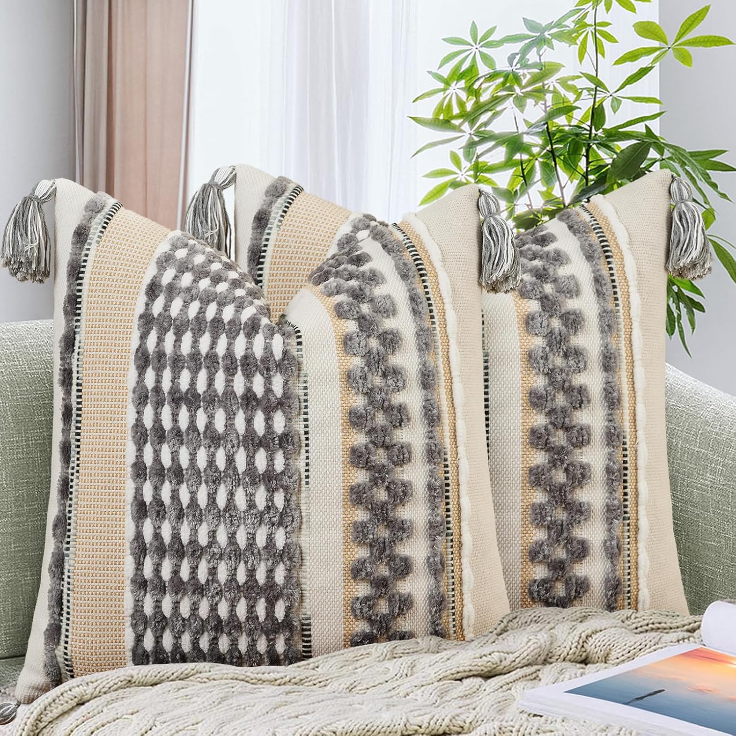 AmHoo Set of 2 Chenille Striped Textured Boho Throw Pillow Covers Aesthetic with Tassels Woven Decorative Pillow Case for Couch Bed Sofa Bedroom Modern Funky 18 x 18-Inch Grey White
