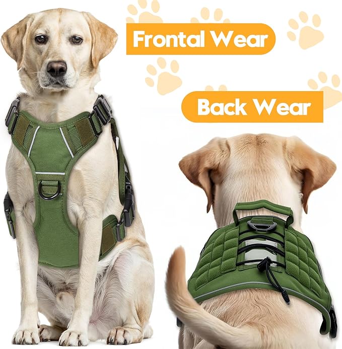 Heavy-Duty Tactical Dog Harness for Large Dogs, No Pull Adjustable Reflective Pet Vest with Molle System, K9 Military-Grade Control for Service Training, Outdoor & 10+ Breeds, Green, Large