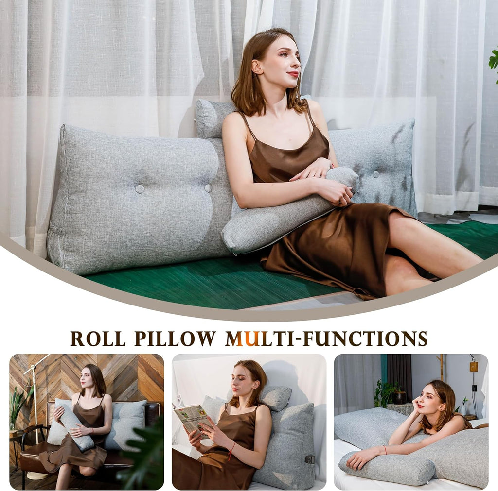 Headboard Pillow King Size, Triangular Wedge Backrest with Removable Head Roll & Side Pocket, 100% Linen Reading Pillow for Bed, Couch, Floor - Ergonomic Support for Neck, Back,Grey