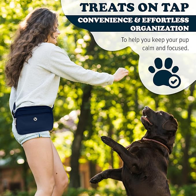 Puppington 3-in-1 Crossbody Dog Walking Bag & Treat Pouch with Matching Planet Safe Poop Bags & Built-In Dispenser - Zippered Pockets (Navy Blue)