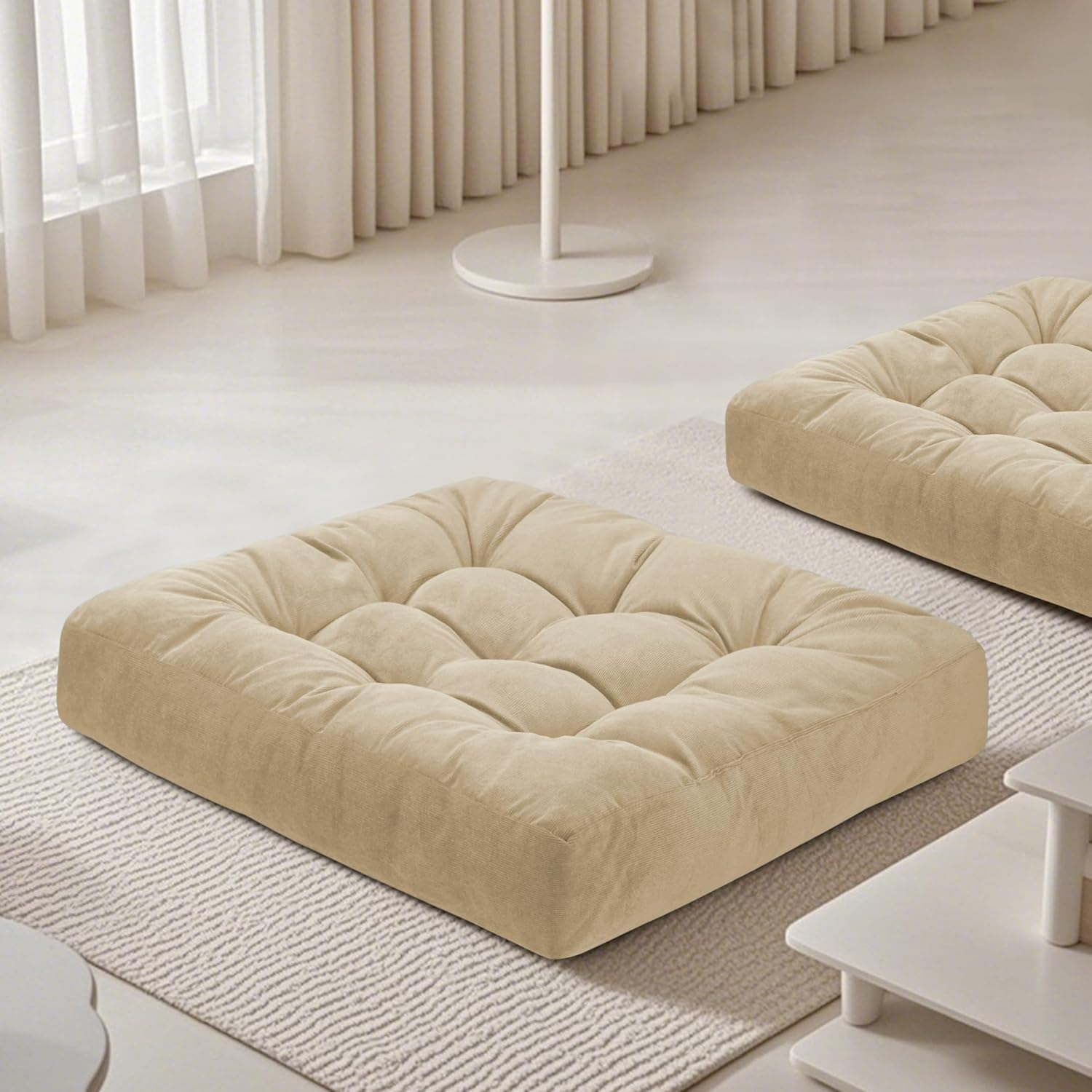 Meditation Floor Pillow 22×22 Inch 2 Pack Large Floor Cushions for Adults Square Tufted Corduroy Floor Pillows for Yoga Living Tatami Room Beige