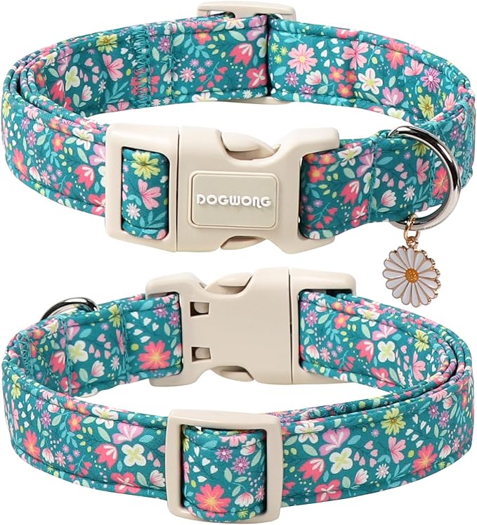 DOGWONG Blue Flower Dog Collar, Purple Daisy Dog Collar Adjustable Soft Fabric Girl Pet Dog Collars Cute Puppy Necklace for Small Medium Large Dogs
