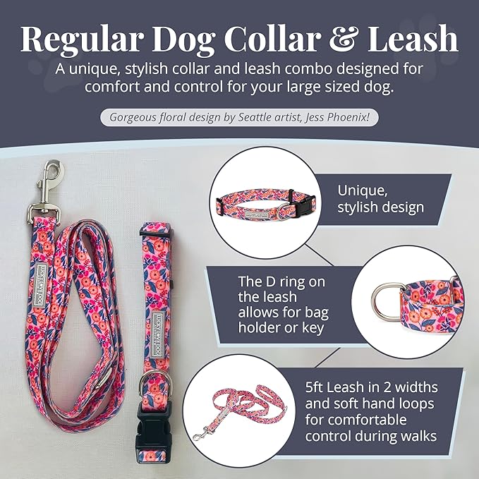 Lucky Love Dog - Easy Click Buckle Dog Collar with Leash Set Combo, Durable & Comfortable for Male & Female Dogs, Pet Collar for Small to Large Dogs, Secure Fit - Floral Rosie Combo, Large