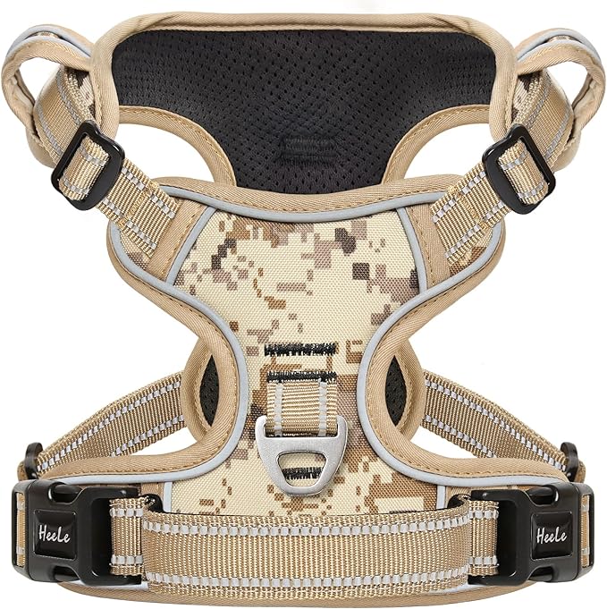 HEELE Dog Harness, No Pull Adjustable Padded Reflective Harness for Small Medium Large Dogs with Handle for Walking Training, Camo Tan, S