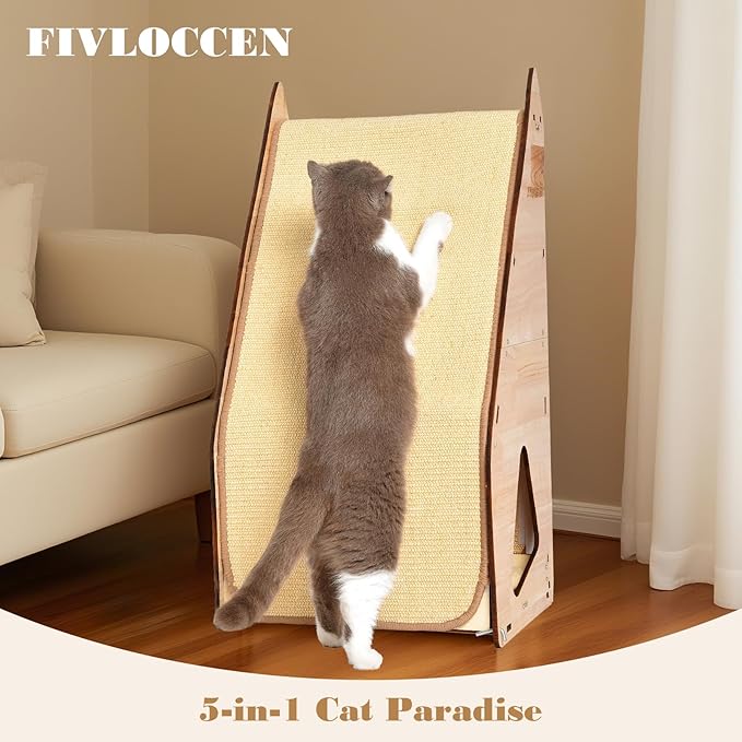 large Cat Scratching Post with Bed: Modern Sisal Cat Scratcher & Wood Frame, Integrated Cat Scratch Pad Post Condo Tunnel. All-in-One Space Saver for Multi-Cat & Budget-Friendly Homes (24in)