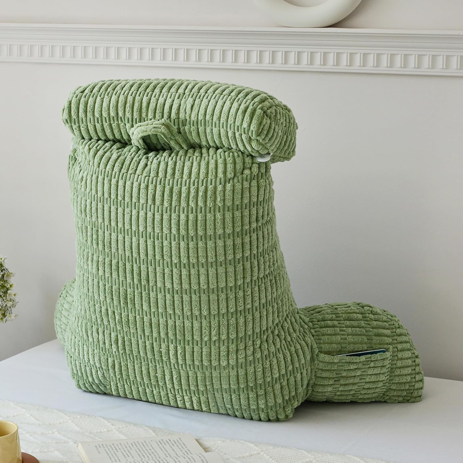 WERDIM Reading Pillow with Detachable Neck Roll, Large Back Pillow for Sitting Up in Bed Couch, Adult Bed Rest Pillow with Arms for Reading/Watching TV/Gaming, Sage