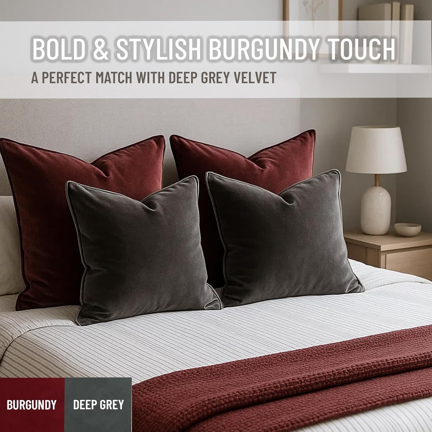 2 Pack Velvet Decorative Throw Pillow Covers, 18"x18", Deep Grey, Solid, Modern, Contrast Piping, Indoor Use, Bedroom & Living Room