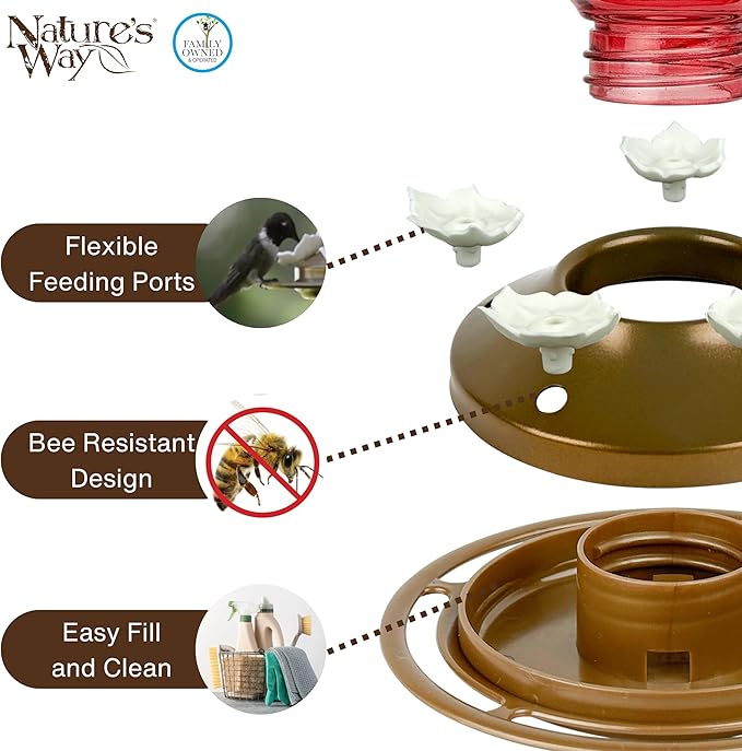 Nature's Way Hanging Glass Hummingbird Feeder for Outdoor Decor, 25 Ounce Capacity Nectar Feeder, 5 Easy to Clean Flexible Ports, Red