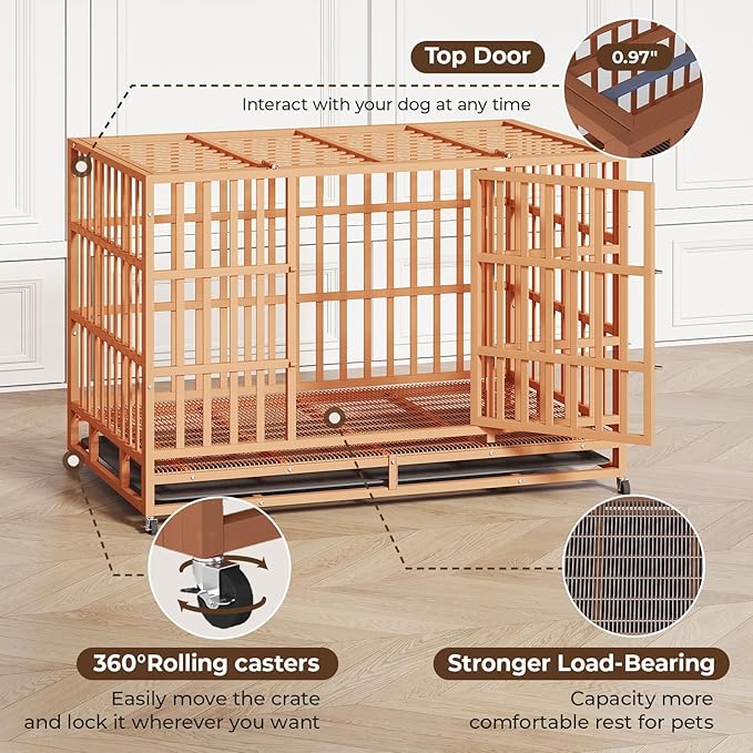 48IN Heavy Duty Dog Crate Steel Escape Proof, Indoor Double Door High Anxiety Cage Removable Tray, Extra Large,Orange