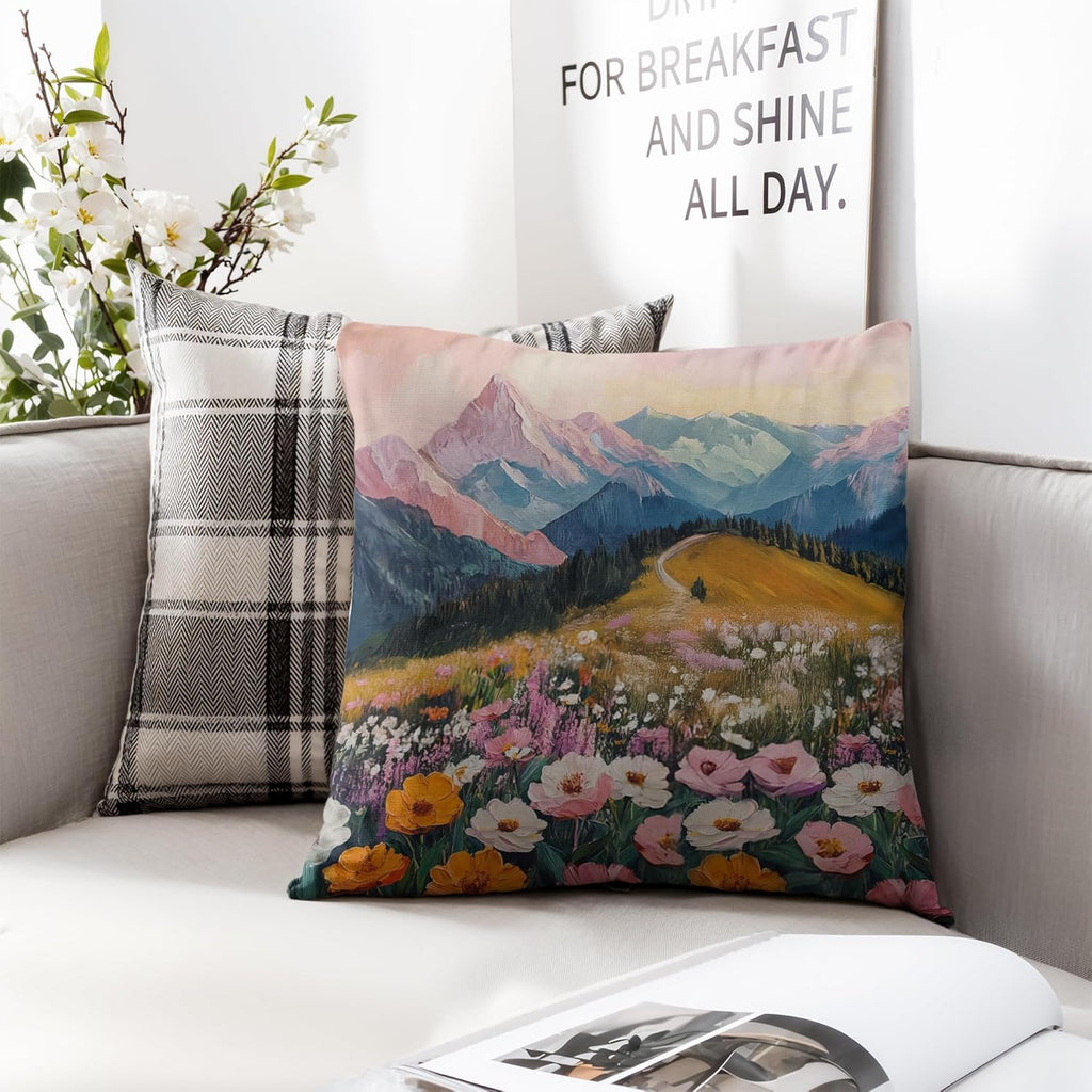Boho Abstract Wildflower Pillow Covers 18x18，Watercolor Colorful Floral Landscape Scenery, Maximalist Nature Home Decor Throw Pillow Covers for Living Room Bedroom，A236