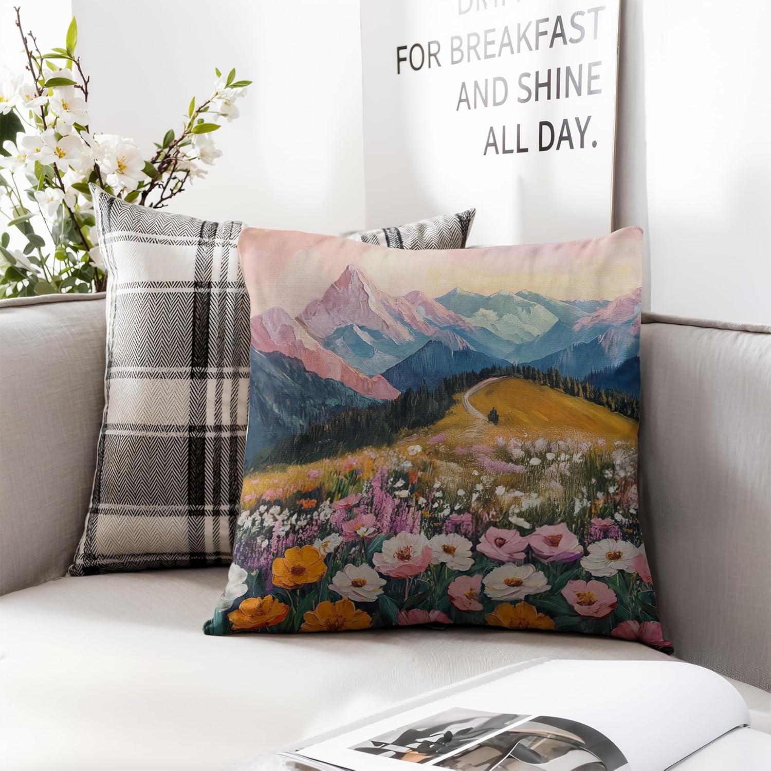 Boho Abstract Wildflower Pillow Covers 18x18，Watercolor Colorful Floral Landscape Scenery, Maximalist Nature Home Decor Throw Pillow Covers for Living Room Bedroom，A236