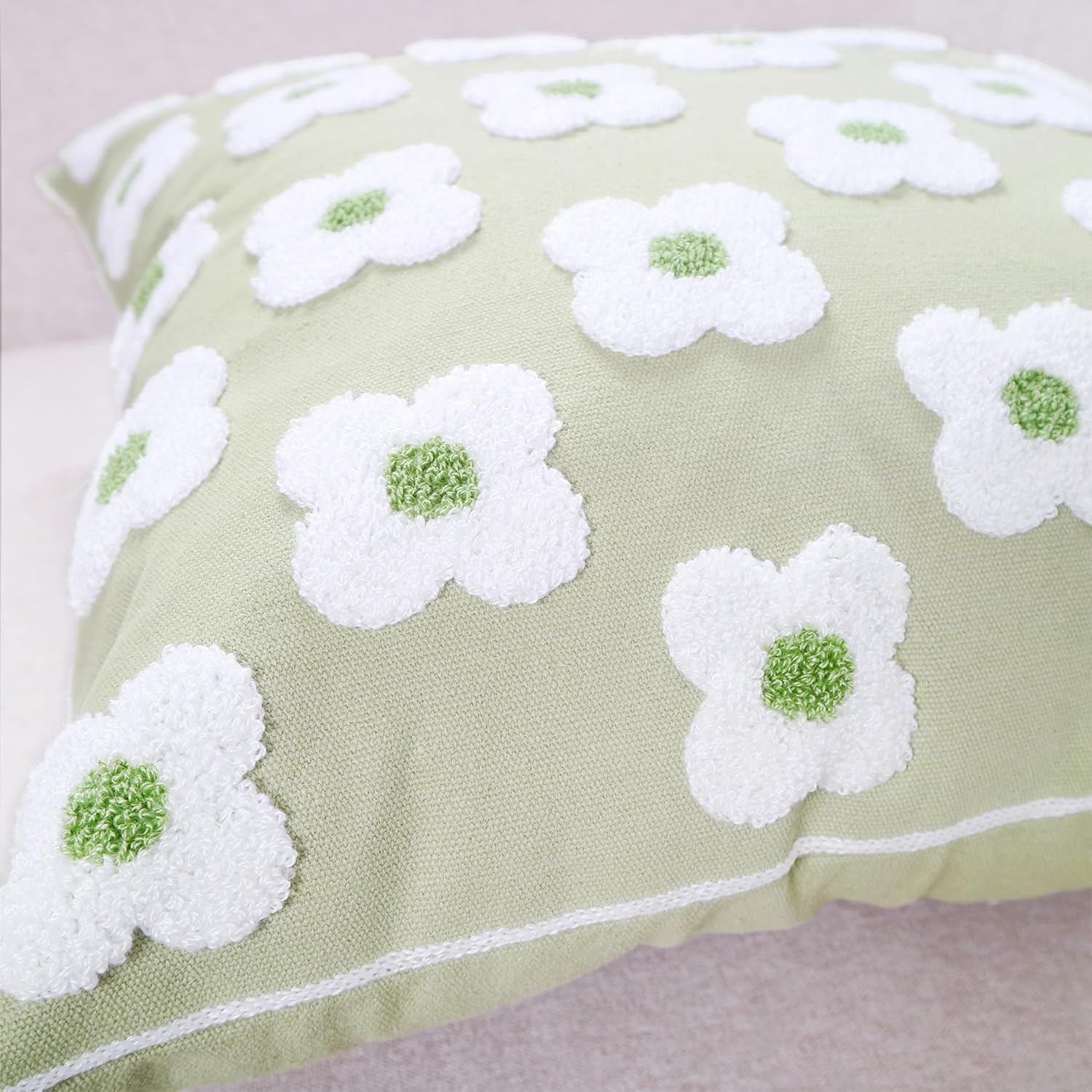DECOBIRD Embroidery Throw Pillow Cover 18x18 Light Green Floral Design Home Decor Loop Embroidered Pillow Case Thick Cotton Canvas Square Cushion Cover for Couch 45x45cm, 4 Petal Flowers 1 Piece