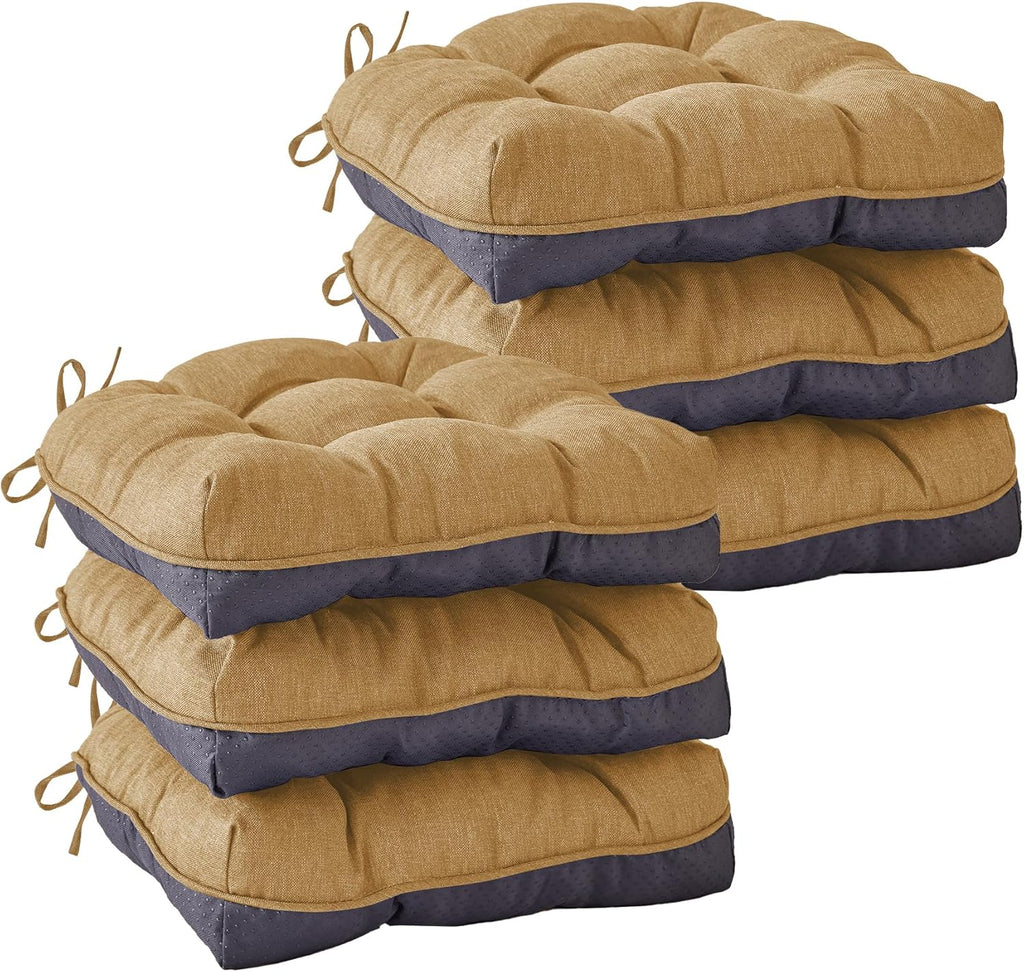 Chair Cushions for Dining Chairs, Seat Cushions for Kitchen Chairs, Indoor Seat Cushions with Ties, Tufted Foam Chair Pads, Non Slip Chair Cushions Set of 6, 15.5" x 15.5" x 4", Khaki