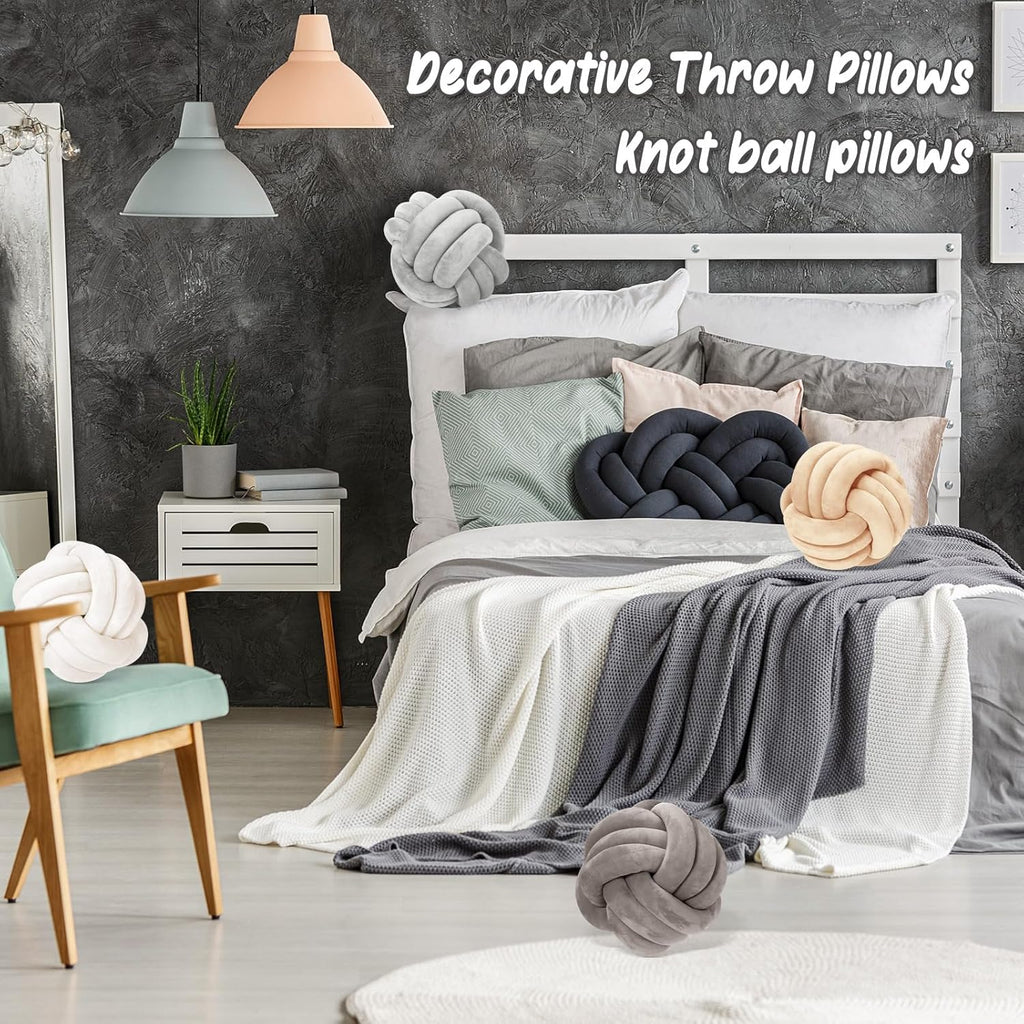 Yerliker 4 Pcs Knot Pillow Ball, 8.7 Inches Soft Home Decorative Round Throw Pillow Handmade Knotted Plush Accent Cushion Gifts for Nursery Decor Home Bed Sofa Bedroom Decoration