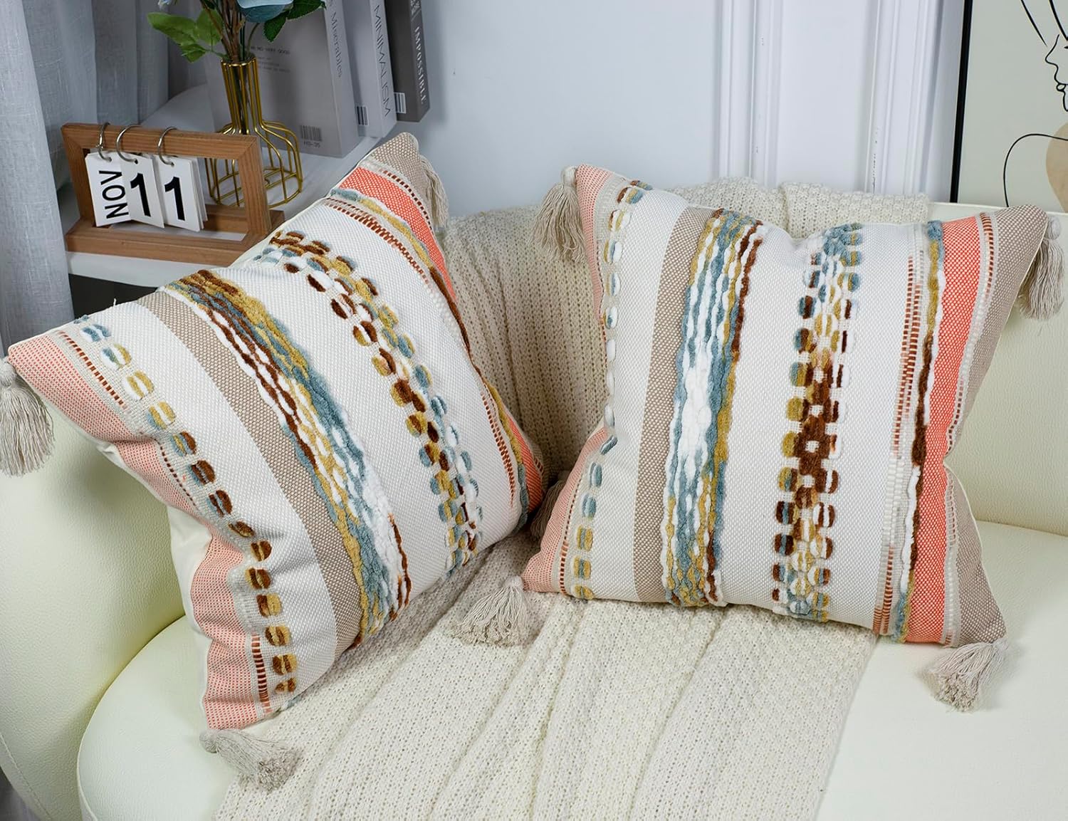 PANOD Chenille Farmhouse Throw Pillow Covers 18 x 18 Orange, Neutral Boucle Couch Pillow Cover, Striped Decorative Boho Coushion Cover Pillow Case for Couch Bed Sofa Bedroom,Modern Accent,Set of 2