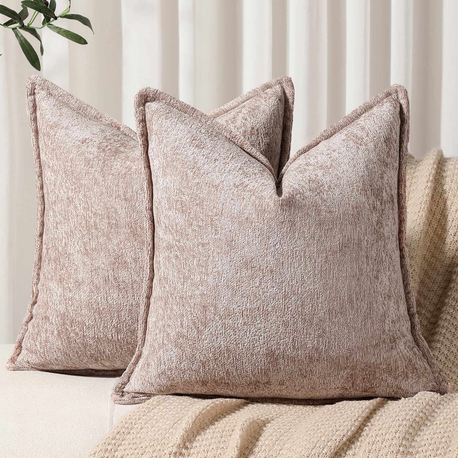 Pack of 2 Khaki Decorative Throw Pillow Covers 18x18 Cozy Soft Chenille Accent Vintage Square Couch Pillow Covers for Home Decor Bed Sofa Living Room